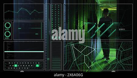 Immagine di schermi hud con mappa, grafici, codici, ingegnere asiatico con laptop che controlla i rack server Foto Stock