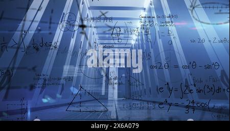 Immagine di equazioni matematiche, diagrammi e linguaggio informatico, vista ad angolo basso della sala server Foto Stock