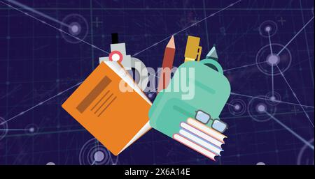 Immagine delle icone del concetto scolastico sulla rete di connessioni su sfondo blu Foto Stock