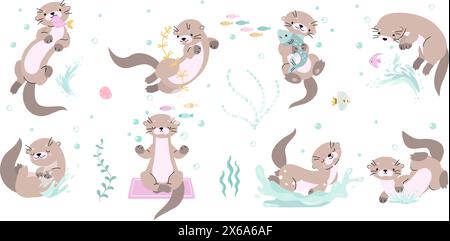 Carini personaggi di lontre. Otter posa un set di cartoni animati isolato. Animali divertenti che nuotano nel fiume o nel lago, mangiano e giocano. Natura nowaday clipart vettoriale Illustrazione Vettoriale