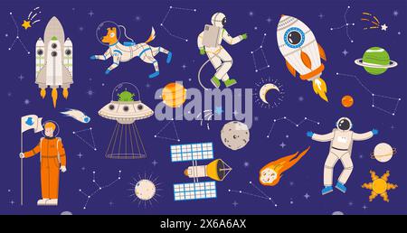 Set esploratori spaziali. UFO in astronauti, satelliti e astronauti. Diversi cosmonauti cartoni animati, costellazione di stelle e pianeti, insieme vettoriale Illustrazione Vettoriale