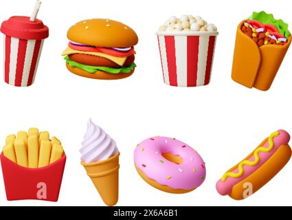 Icone cibo 3D. Bevanda, ciambella hamburger e cono gelato. Rendi realistico hot dog e avvolgimento arabo vegano. Pasti veloci, dessert, vettoriale isolato Illustrazione Vettoriale