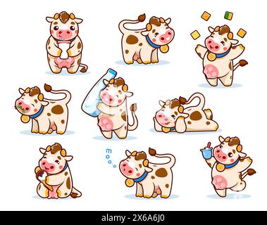 Cartoni animati simpatici personaggi di mucche con latte, animali felici di personaggi vettoriali di caseifici. Simpatiche vacche kawaii con simpatiche mammelle e corna, campane, bicchiere e bottiglia di latte, erba, formaggio e gelato Illustrazione Vettoriale