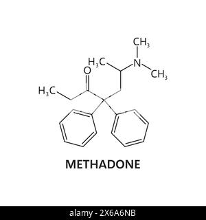 Formula molecolare sintetica della droga, struttura del metadone. Struttura molecolare narcotica illegale, composizione atomica della sostanza sintetica o schema vettoriale molecolare della scienza della chimica del metadone Illustrazione Vettoriale
