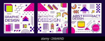 Striscioni quadrati Memphis astratti con linee e figure minimali, sfondi vettoriali. Poster con motivi di Memphis con figure geometriche astratte ed elementi isometrici di frecce e cerchi Illustrazione Vettoriale