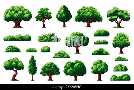 foresta a 8 bit, alberi di pixel e cespugli per risorse di gioco arcade, elementi della natura vettoriale. Videogiochi Arcade UI e UX risorse di giardino o parco alberi verdi e piante con foglie di quercia, betulla o salice Illustrazione Vettoriale