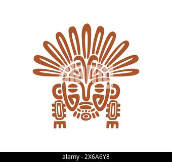 Totem Aztechi e Maya, simbolo tribale del capo Maya e Inca, tatuaggio etnico vettoriale. Antico messicano, azteco e maya simbolo storico del capo guerriero della tribù o divinità religiosa in maschera rituale Illustrazione Vettoriale