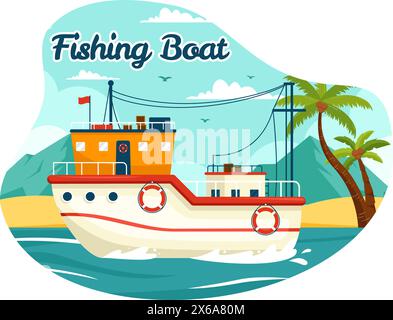 Illustrazione di un vettore di un peschereccio con pescatori che cacciano pesci usando Ship at Sea in Flat Cartoon background Design Illustrazione Vettoriale