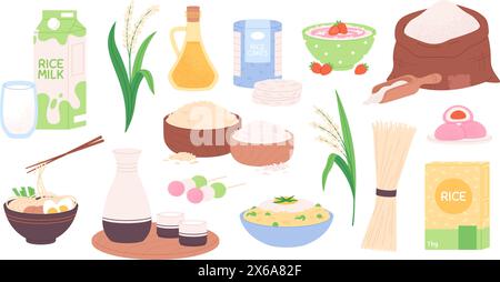 Prodotti a base di riso. Piante, sushi e bevande. Cibo tradizionale a base di riso, porridge e dolci. Spaghetti con uova e bacchette. Set di ingredienti per i cartoni animati Illustrazione Vettoriale