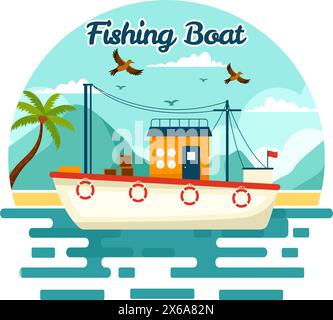 Illustrazione di un vettore di un peschereccio con pescatori che cacciano pesci usando Ship at Sea in Flat Cartoon background Design Illustrazione Vettoriale