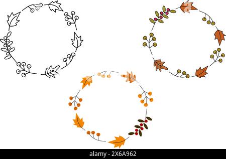 Cornici circolari colorate di foglie autunnali e ramoscelli Set di 3 spazi di testo modello isolano le lettere vettoriali EPS, i biglietti di auguri o le cartoline del Ringraziamento, poster, banner o concept di web design Illustrazione Vettoriale