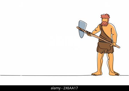 Una sola linea disegna un uomo primitivo arcaico che indossa abiti fatti di pelle animale e tiene in mano una grande ascia di pietra. Caveman, guerriero o cacciatore dall'età della pietra Illustrazione Vettoriale