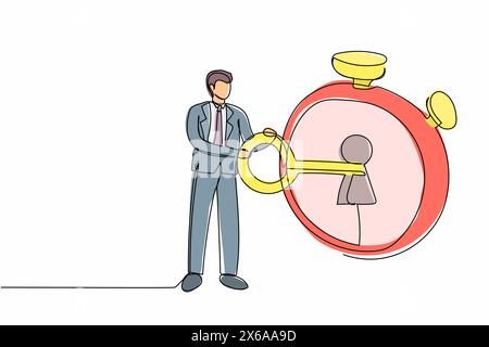 Una linea continua che attira un uomo d'affari che mette la chiave nel cronometro. Concetto di gestione del tempo. Pianificazione efficace del lavoro produttivo, scadenza. Peccato Illustrazione Vettoriale