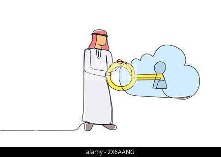 Un'unica linea continua disegna un uomo d'affari arabo che mette la chiave nel cloud. Stoccaggio di sicurezza. Autenticazione di sicurezza con blocco password cloud. Tecnologia Internet Illustrazione Vettoriale