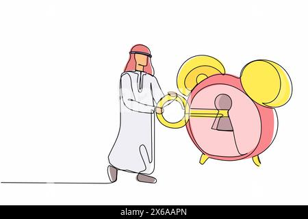 Linea singola continua che disegna un uomo d'affari arabo che mette la chiave grande nella sveglia. Concetto di scadenza del lavoro e progetto in corso di completamento. Gestione del tempo Illustrazione Vettoriale