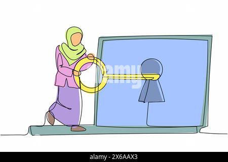 Una linea continua che disegna una donna d'affari araba ha messo la chiave nel computer portatile. Sicurezza Internet da parte degli hacker. Accesso alle informazioni crittografate sulla protezione dei dati Illustrazione Vettoriale