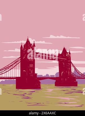 WPA poster art del Tower Bridge da Shad Tamigi lungo il lato sud del Tamigi a Londra, Inghilterra Regno Unito fatto in lavori di amministrazione di progetti o. Illustrazione Vettoriale