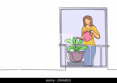 Una linea continua che disegna una donna attiva che innaffia fiori sul balcone. Giovane signora che fa giardinaggio come hobby preferito. Giardino domestico, piante di casa che crescono Illustrazione Vettoriale