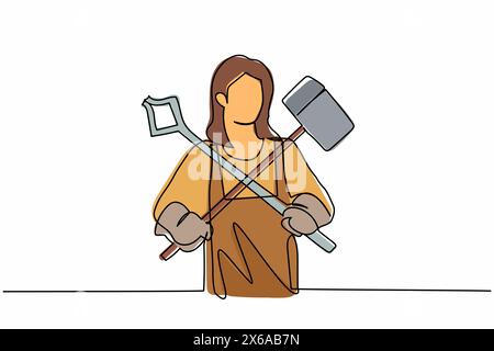 Linea singola continua per disegnare una donna fabbro in piedi indossando grembiule che regge mazza e pinze incrociate. Lavoratore di metalli che produce prodotti artistici Illustrazione Vettoriale