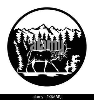 Illustrazione rétro di un alce toro, Cervus canadensis o wapiti che combattono vista laterale nel Rocky Mountain National Park, Colorado, Stati Uniti insid Illustrazione Vettoriale
