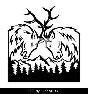 Illustrazione rétro di due teste di alce toro, Cervus canadensis o wapiti che combattono nel Rocky Mountain National Park, Colorado, Stati Uniti su isolato Illustrazione Vettoriale