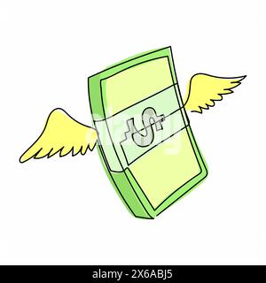 Una linea continua che disegna una pila di soldi volanti con le ali. Banconote in valuta americana con dollari alati. Investimento Angel, invio di banconote in dollari. Si Illustrazione Vettoriale