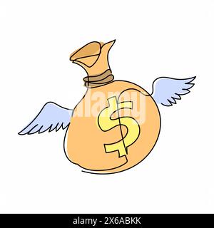 Una linea continua che disegna un sacco di soldi volanti con ali. Borsa con i soldi con le ali, il simbolo del dollaro, mosche e scintillanti. Icona del sacco di soldi alati. Dynami Illustrazione Vettoriale