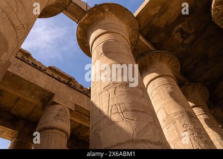 Luxor, Egitto - novembre 26 2023: Antichi geroglifici, decorano le colonne della sala Ipostilio nel Ramesseum, il tempio commemorativo del faraone RAM Foto Stock