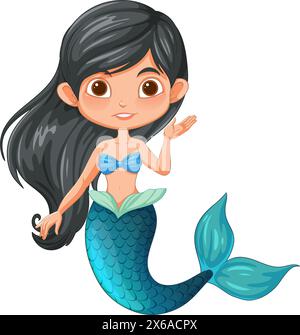 Simpatica sirena con capelli neri e coda blu Illustrazione Vettoriale