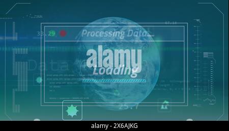 Immagine dell'interfaccia con elaborazione dei dati su globo rotante su sfondo verde Foto Stock