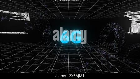 Immagine della scansione dell'oscilloscopio, testo 6g, rete di connessioni ed elaborazione dei dati Foto Stock
