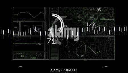 Immagine dell'interfaccia con elaborazione dei dati su globo rotante su sfondo nero Foto Stock