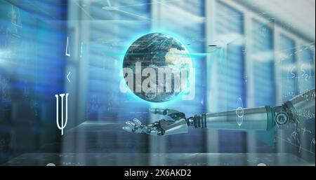 Immagine del braccio robotico con globo sopra equazioni matematiche e sala server Foto Stock