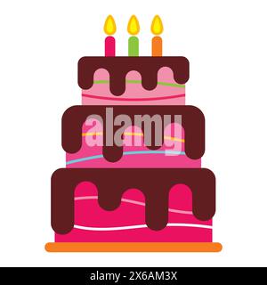 Dolce torta di compleanno con tre candele accese. Colorato dessert natalizio. Sfondo celebrazione vettoriale. Illustrazione Vettoriale