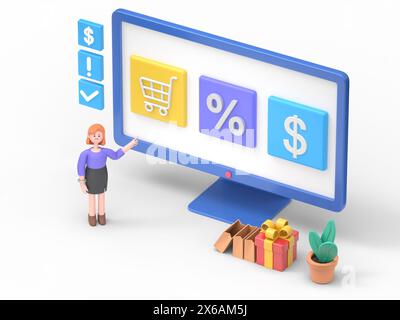 Illustrazione 3D dell'imprenditrice europea Ellen che acquista beni online sul mercato Internet. Donna che fa shopping online e riceve un regalo. Shopping e ristoranti Foto Stock