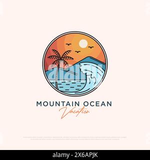 Design del logo Mountain Ocean Holiday modello di illustrazione vettoriale, ispirazione per il logo delle attività all'aperto Illustrazione Vettoriale