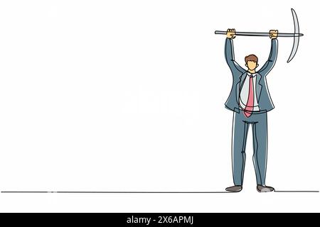 Linea singola continua che attira un giovane uomo d'affari in piedi e solleva una grande piccone. Descrive duro lavoro, successo, successo, scoperta. Concetto di successo Illustrazione Vettoriale