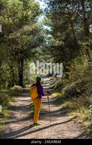 Una donna in piedi in una radura su una strada vuota nel bosco di Costa Blanca, Alicante, Spagna - foto di scorta Foto Stock