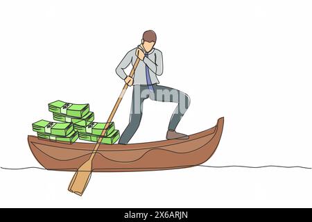 Uomo d'affari con una sola linea in piedi in barca e in barca a vela con un mucchio di banconote. Criminalità finanziaria, evasione fiscale, riciclaggio di denaro, corr. Politico Illustrazione Vettoriale