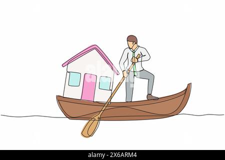 Una linea continua attira un uomo d'affari in piedi in barca e a vela con casa. Accordo sui prestiti per l'edilizia abitativa. Le banche forniscono rate ipotecarie a domicilio a. Illustrazione Vettoriale