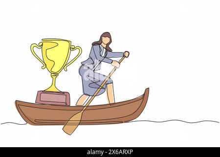 Una sola linea che attira un'attraente donna d'affari in barca con trofeo. Premio per il campionato mondiale di vela. Vincere una gara di sport acquatici. Illustrazione Vettoriale