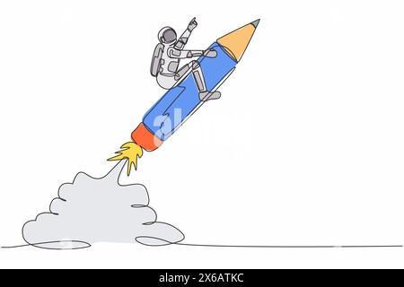 Linea singola continua che disegna un giovane astronauta che cavalca un razzo a matita che vola sulla superficie lunare. Formazione per realizzare la tecnologia delle astronavi. Cosmonauta profonda Illustrazione Vettoriale