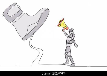 Un disegno su una sola linea di un giovane astronauta che parla con il megafono sotto una scarpa gigante. Stivale di una macchina militare che calpesta un uomo spaziale. Spazio della galassia cosmica. C Illustrazione Vettoriale