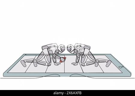 Una linea continua che disegna il campo di football americano con due giocatori astronauti sullo schermo dello smartphone. Partita di football americano online. Spp. Esterno cosmonauta Illustrazione Vettoriale