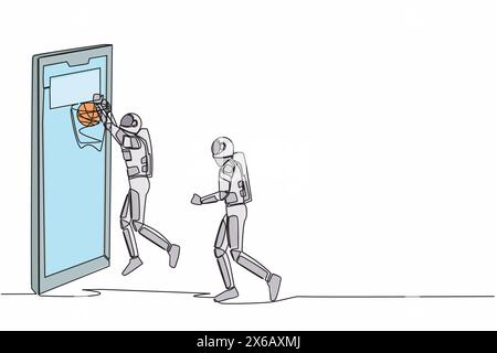 Una sola riga che attira due giocatori di basket astronauti in azione durante il gioco fuori dallo schermo dello smartphone. Un giocatore che sbatte nel cestino. Cosmi Illustrazione Vettoriale