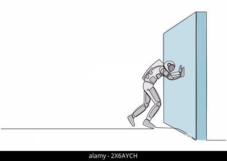 Disegno di una sola linea di un giovane astronauta che spinge il muro sulla superficie lunare. Sfida e problema nella spedizione spaziale. Concetto spaziale della galassia cosmica. C Illustrazione Vettoriale