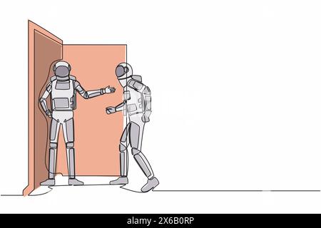 Una linea continua che disegna il giovane astronauta alla porta accoglie il suo amico. Spaceman invita il suo amico ad entrare in casa sua. Cosmonauta profonda Illustrazione Vettoriale