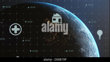 Immagine di più icone digitali sul globo e spot luminoso su sfondo blu Foto Stock