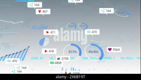 Immagine delle icone dei social media che fluttuano sull'elaborazione dei dati statistici su sfondo grigio Foto Stock
