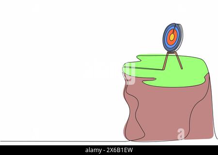 Singola linea che disegna un bersaglio di tiro con l'arco senza frecce sulla scogliera. Tavola da disegno sul treppiede. Obiettivo raggiungimento del concetto. Simbolo della strategia di successo aziendale. Continu Illustrazione Vettoriale